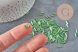 Perles rocaille Tube vert,perles rocaille vert, perles vert métallisé, long tube,6mm x 2mm, x 5gr G2691