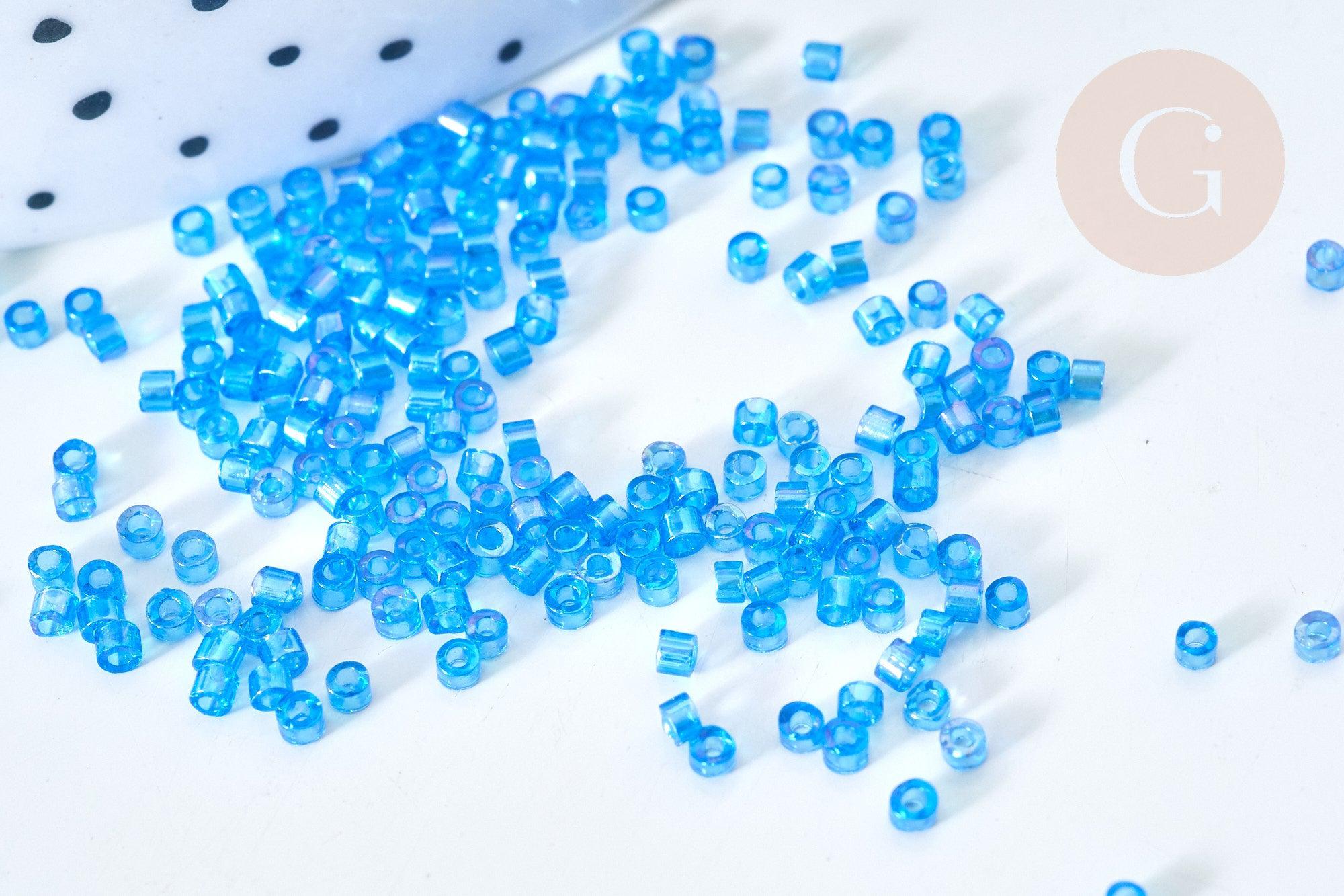 Perles tube verre bleu irisé transparent façon Delica miyuki, x1 sachet de 8g (G7782)