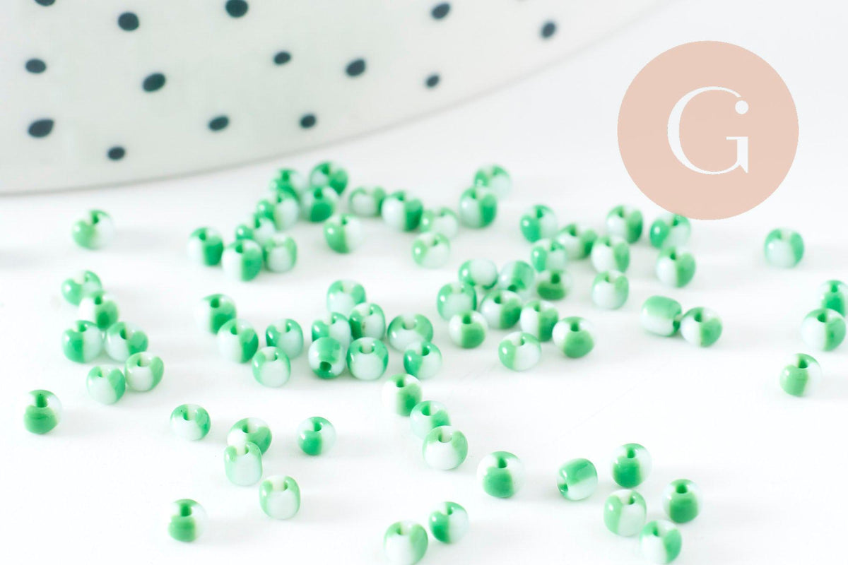 Petite Perle rocaille rayé vert blanc 1.5x2mm, x10gr (G9428)