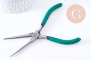 Long nose flat pliers for jewelry making, steel, green support, 14.2 cm, x1 (G10650)