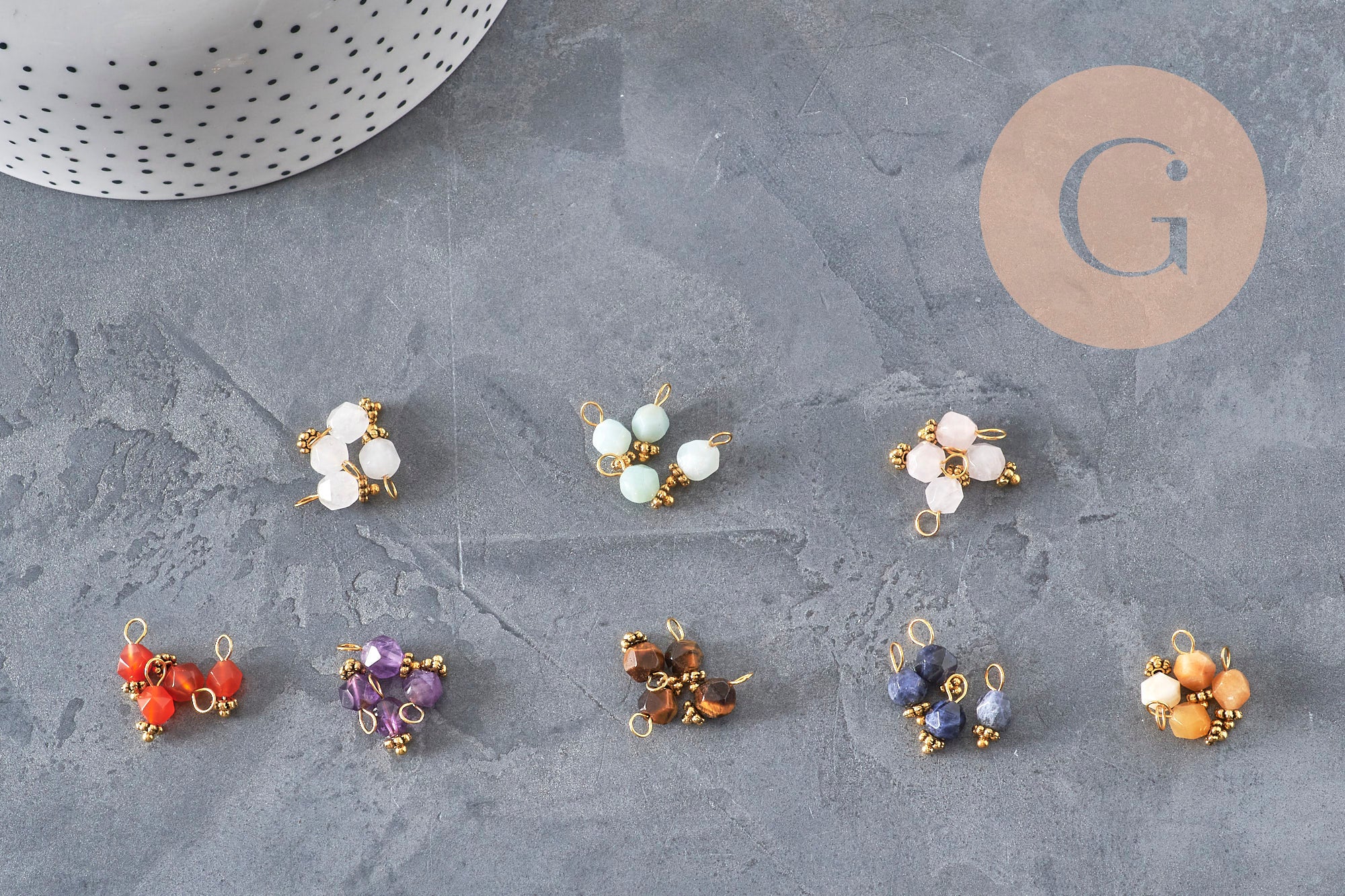 Hexagon charm natural stones gold-plated brass 12mm, x1 (G8343)