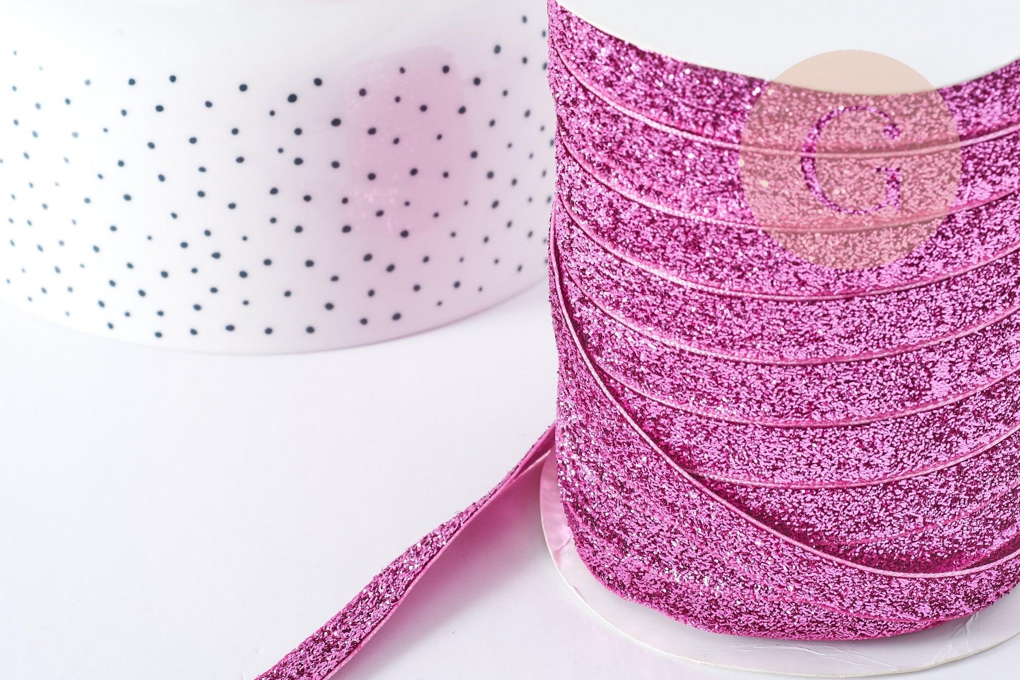 Ruban plat à paillettes polyester nylon rose 9.5-10mm, fabrication bijoux ruban rose, X 1Mètre G8906