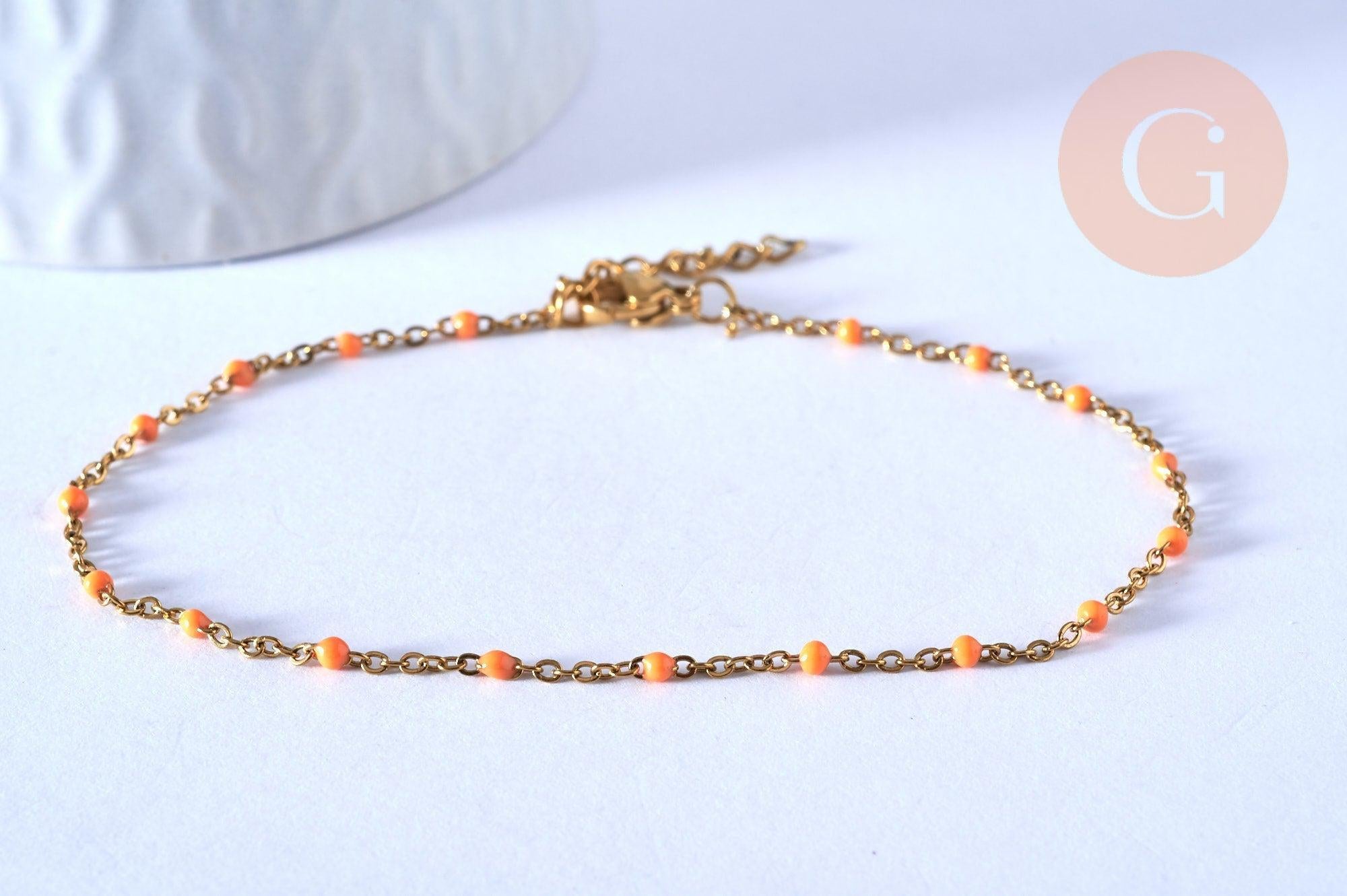 chaine de cheville acier doré 14k résine orange chaine dorée 1.5-2mm/23cm, x1 (G3744)