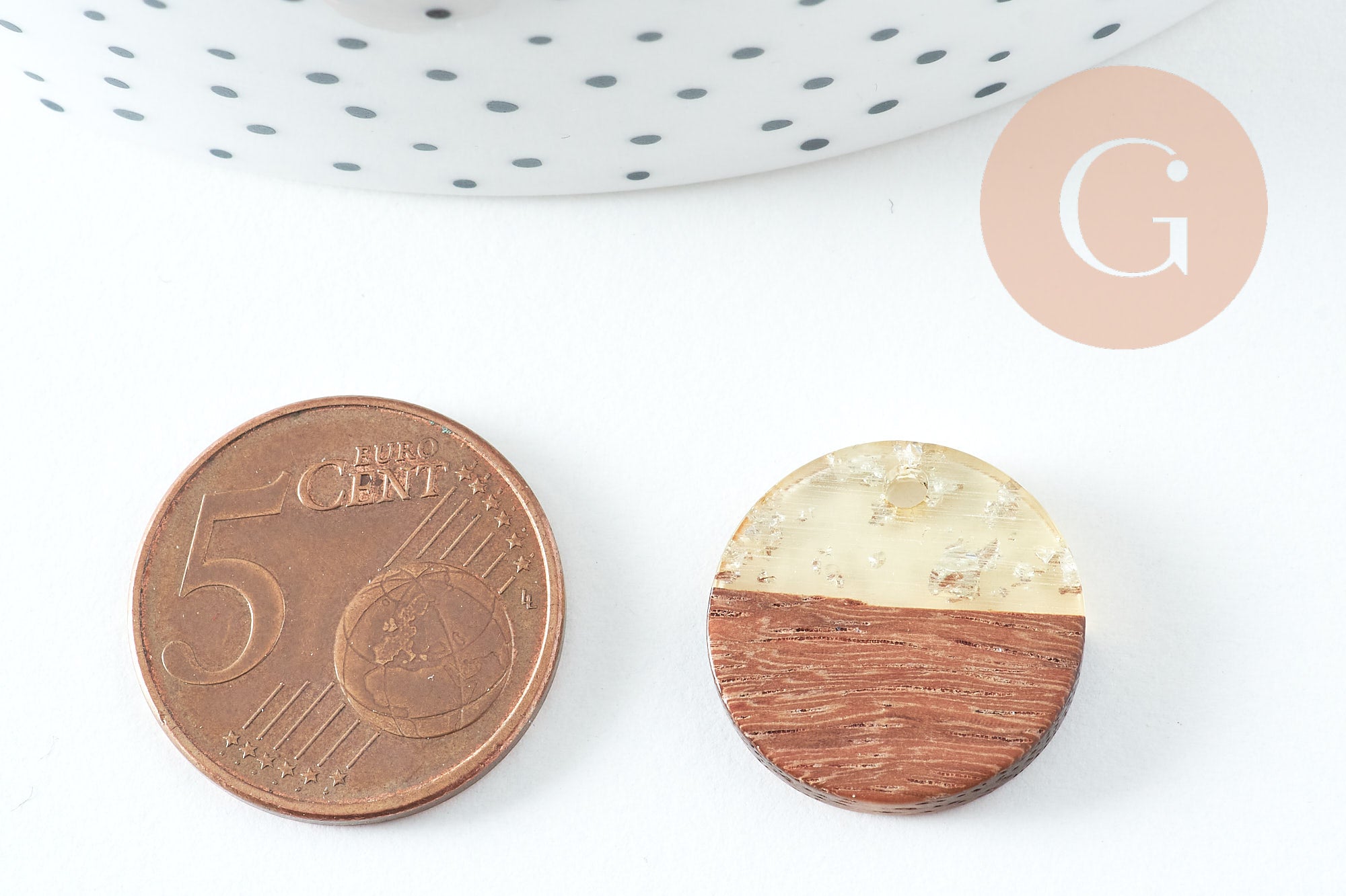 pendentif disque bois résine paillettes, bois naturel, perle bois rond, Perle géométrique,perle ronde,création bijoux bois,18mm, x5, G1994